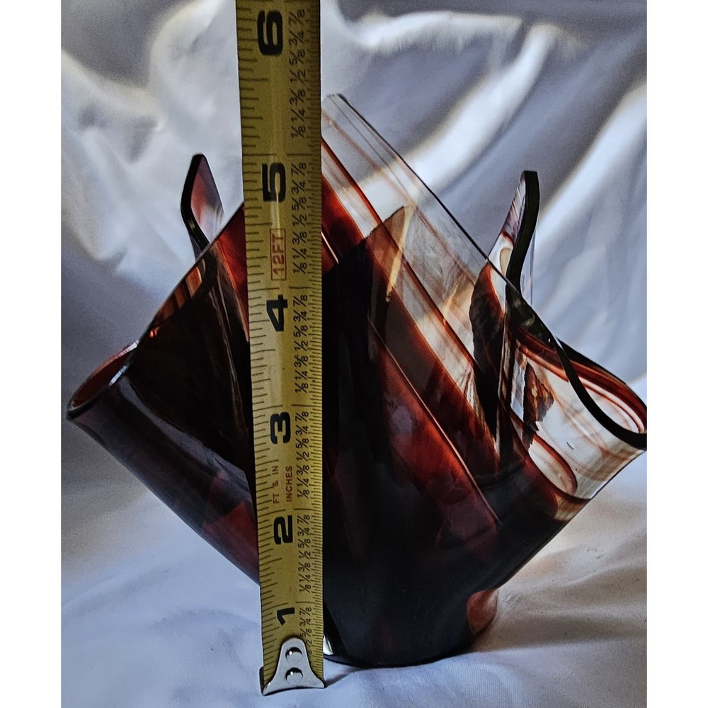 Tony Serveinte Glass Blown Folded Handkerchief Swirl Vase Signed Brown/Clear - Picture 14 of 15
